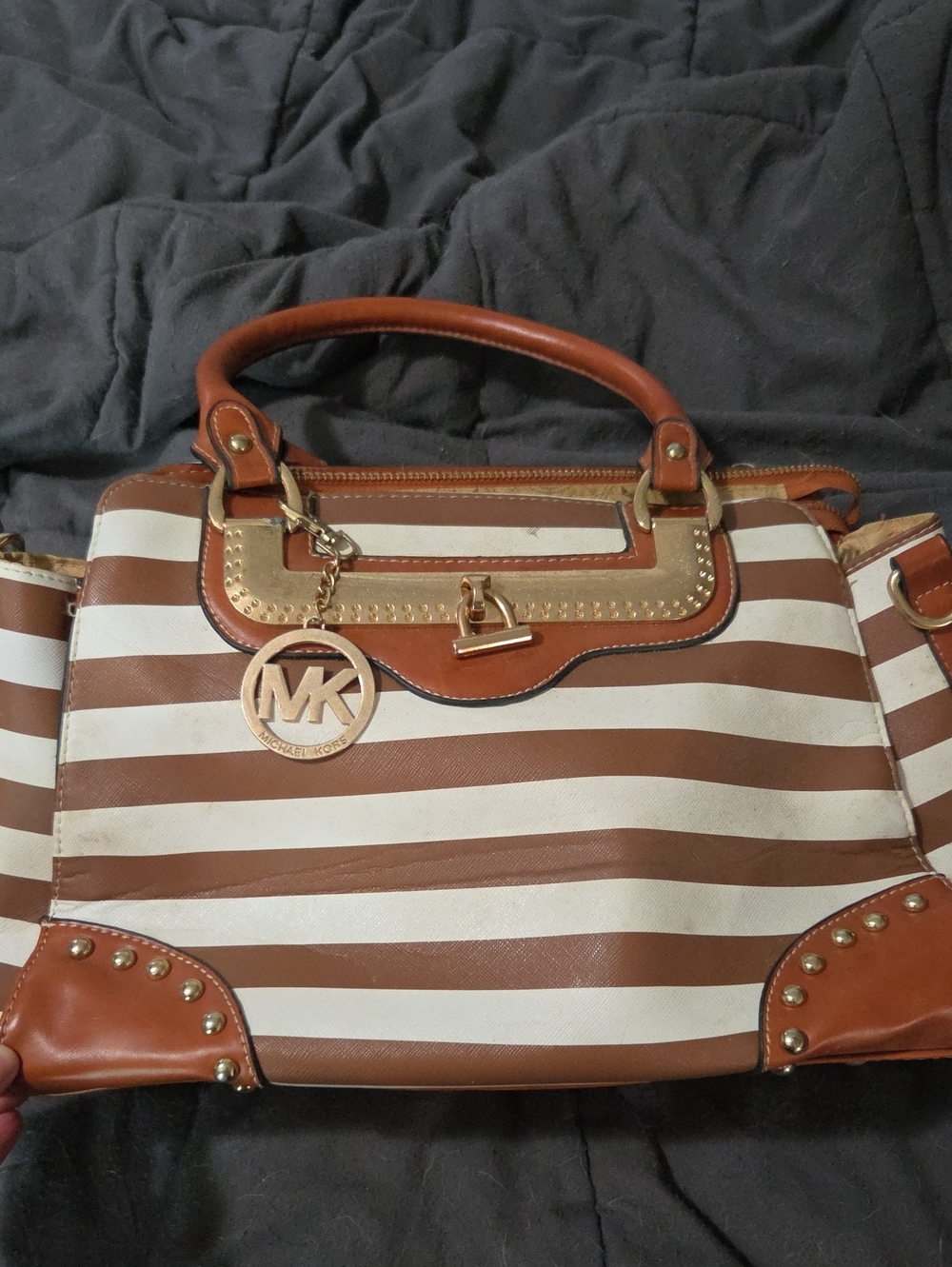 Michael Kors Brown and White Striped Satchel with Gold Hardware